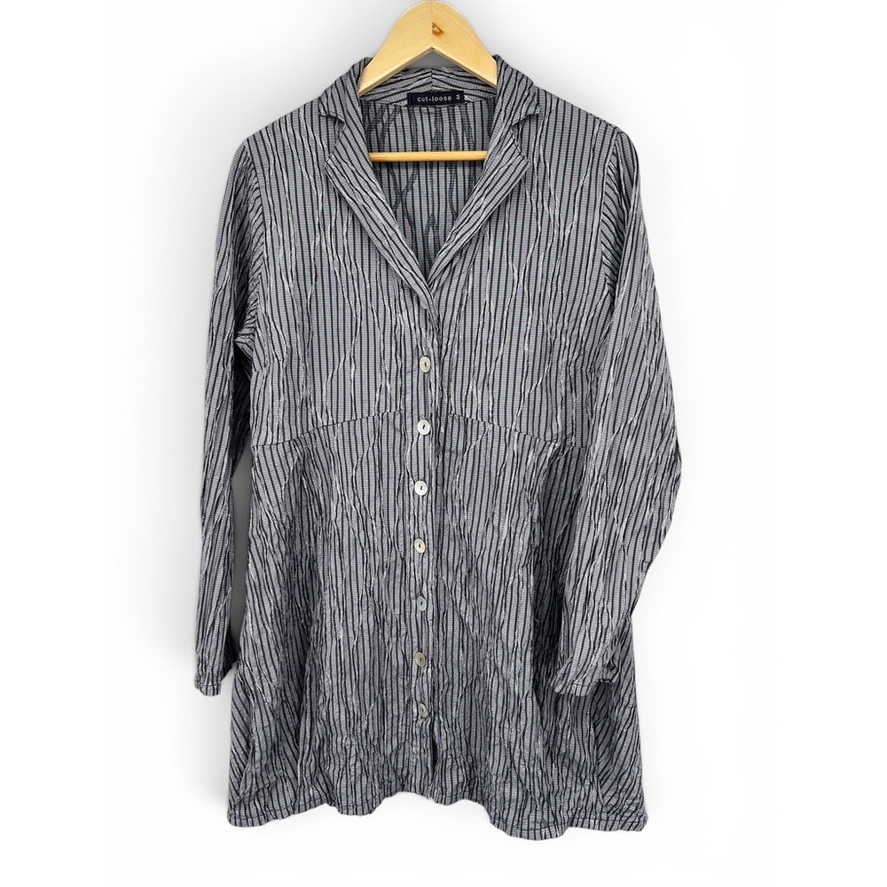 Cut Loose Grey Striped Crinkle Tunic Dress Button Front Empire Waist Womens M